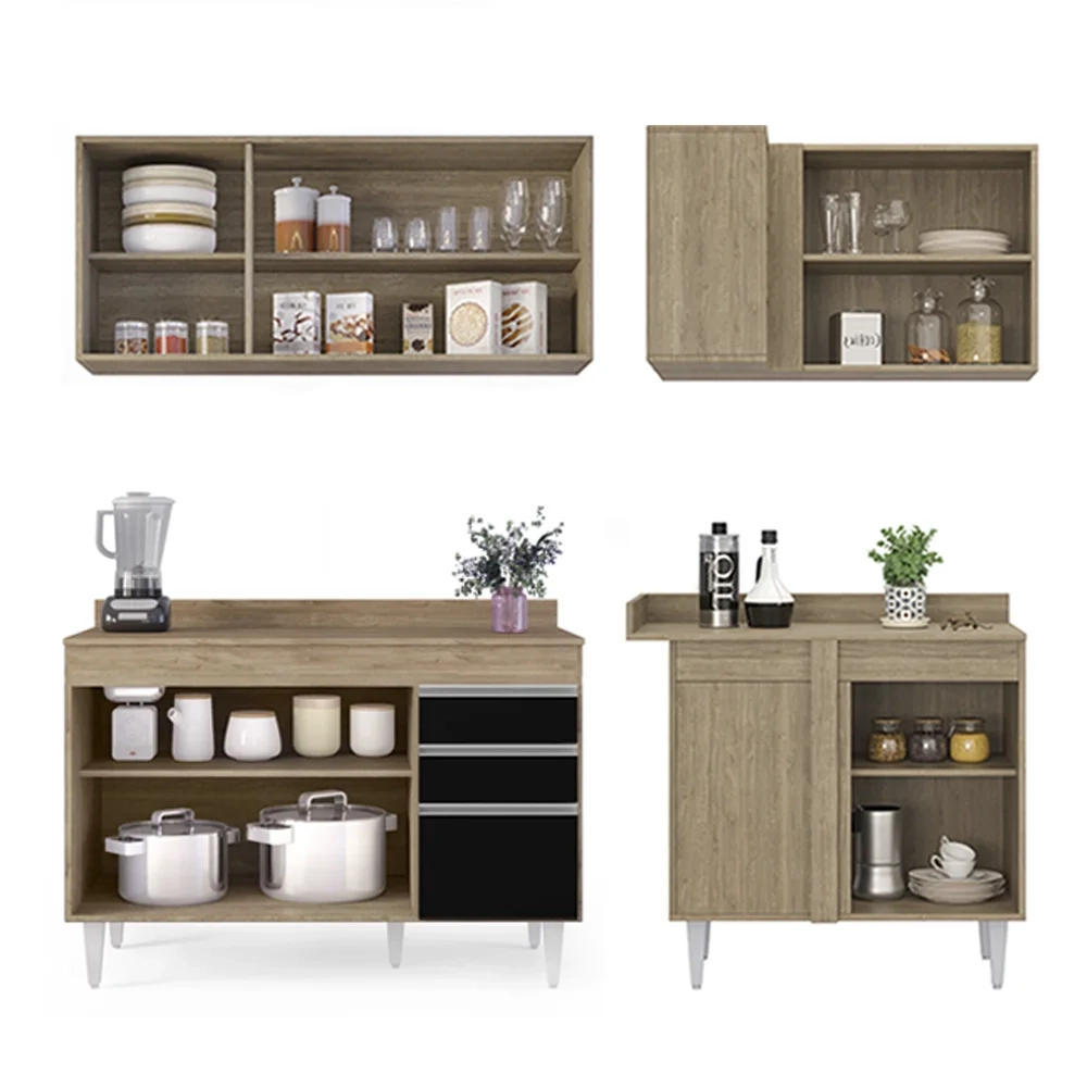 Armário de Cozinha Modulado de Canto Esquerdo 4 Peças CP47 Balcão com Tampo Castanho/Preto - Lumil