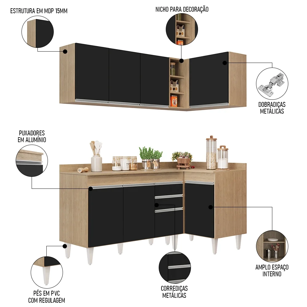 Armário de Cozinha Modulado de Canto Esquerdo 4 Peças CP47 Balcão com Tampo Castanho/Preto - Lumil