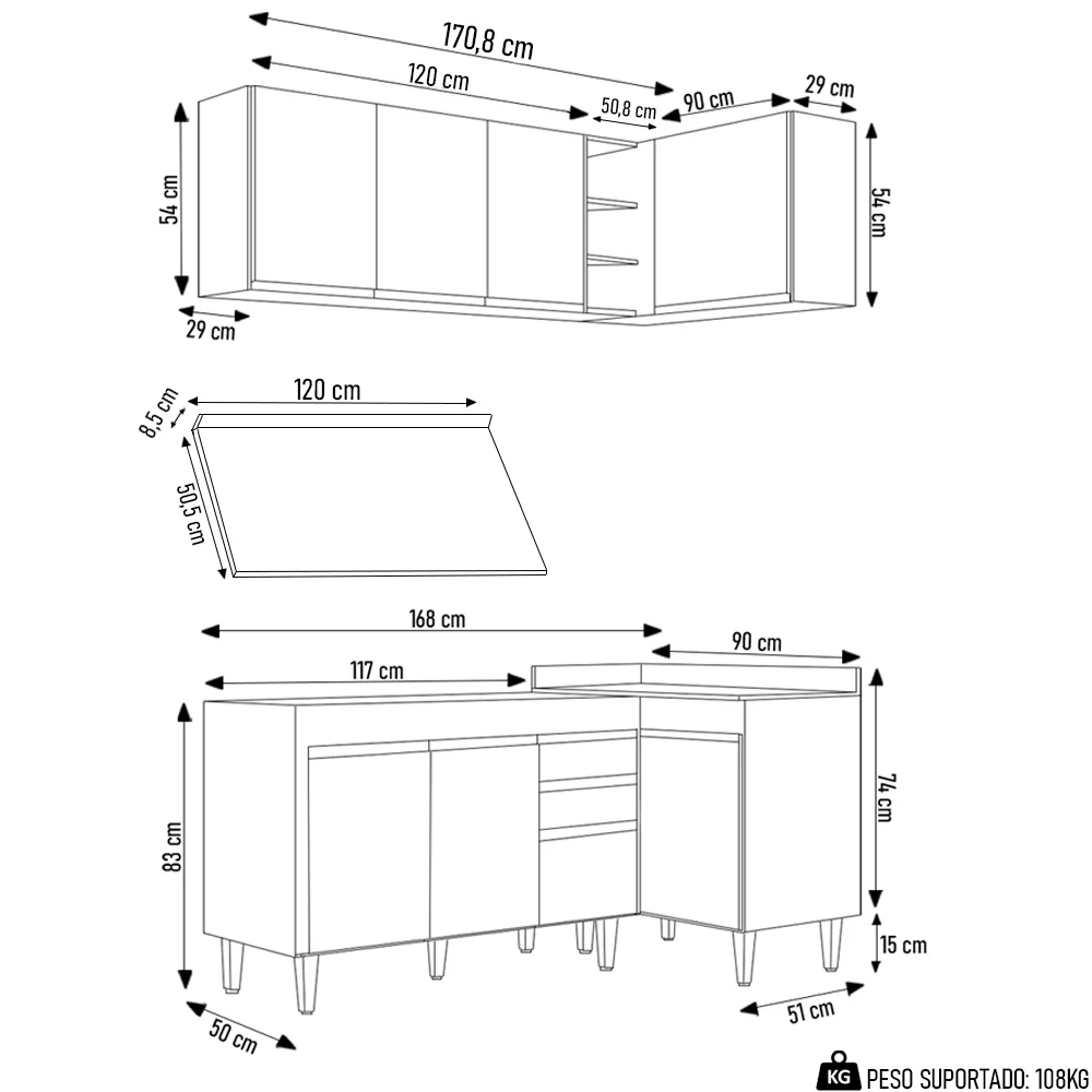 Armário de Cozinha Modulado de Canto Esquerdo 4 Peças CP47 Balcão com Tampo Castanho/Preto - Lumil