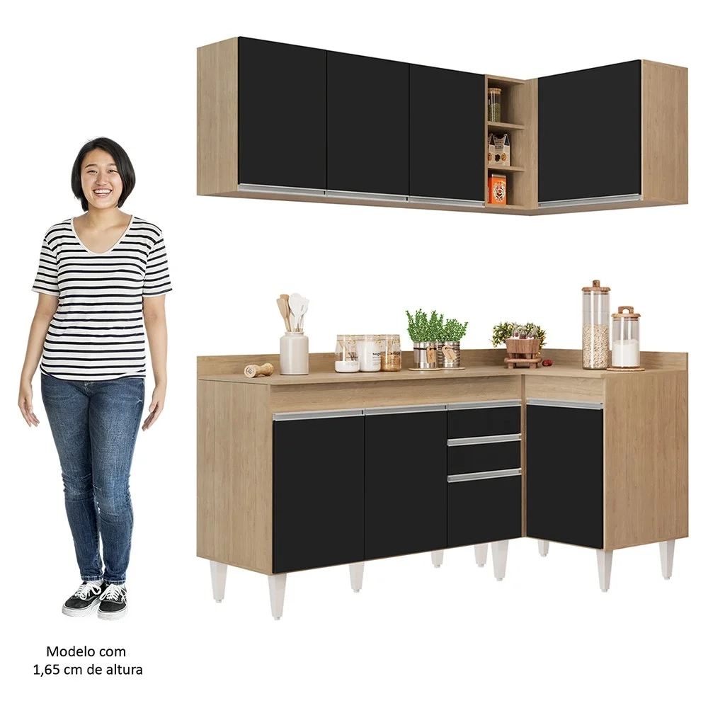 Armário de Cozinha Modulado de Canto Esquerdo 4 Peças CP47 Balcão com Tampo Castanho/Preto - Lumil