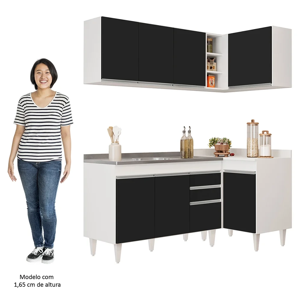 Armário de Cozinha Modulado de Canto Esquerdo 4 Peças CP48 com Pia Inox Branco/Preto - Lumil