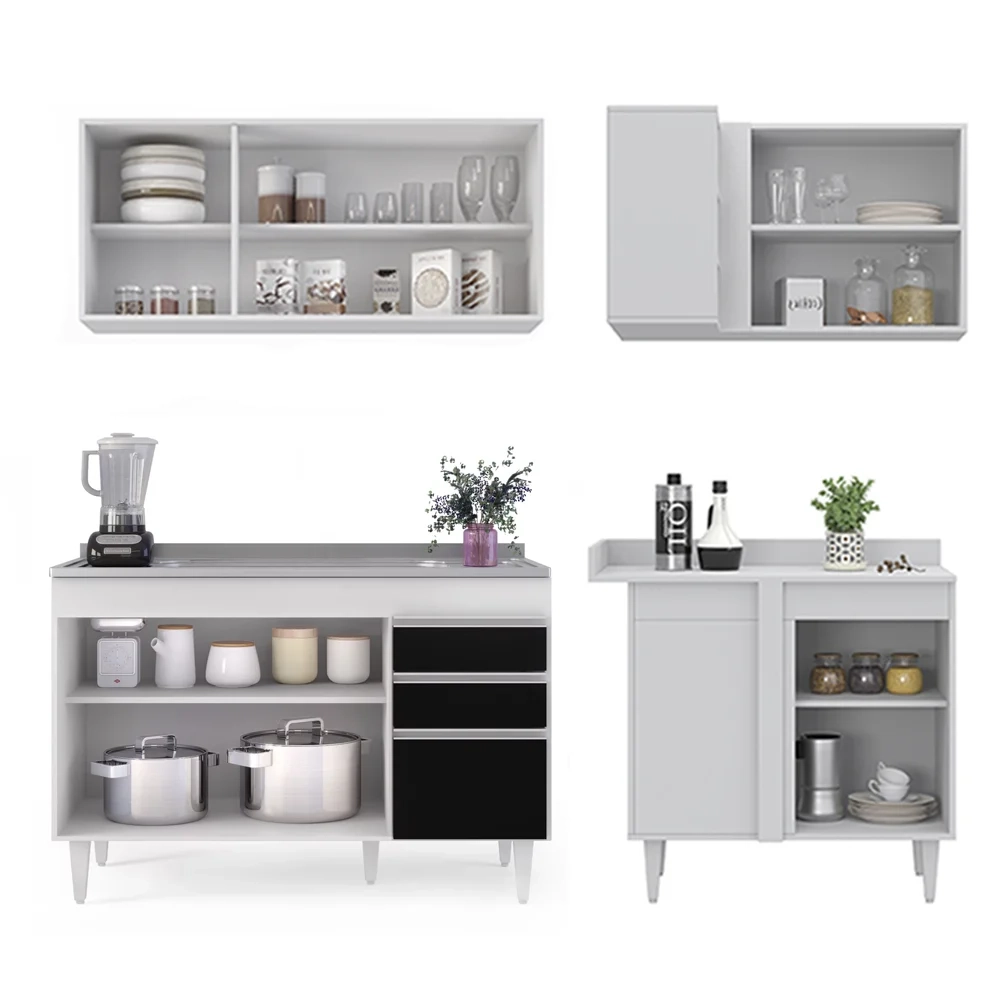 Armário de Cozinha Modulado de Canto Esquerdo 4 Peças CP48 com Pia Inox Branco/Preto - Lumil