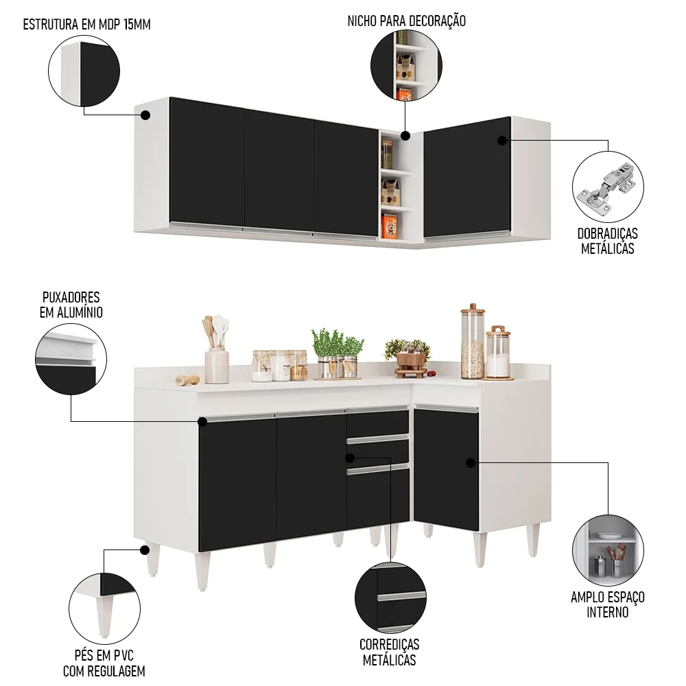 Armário de Cozinha Modulado de Canto Esquerdo 4 Peças CP48 com Pia Inox Branco/Preto - Lumil