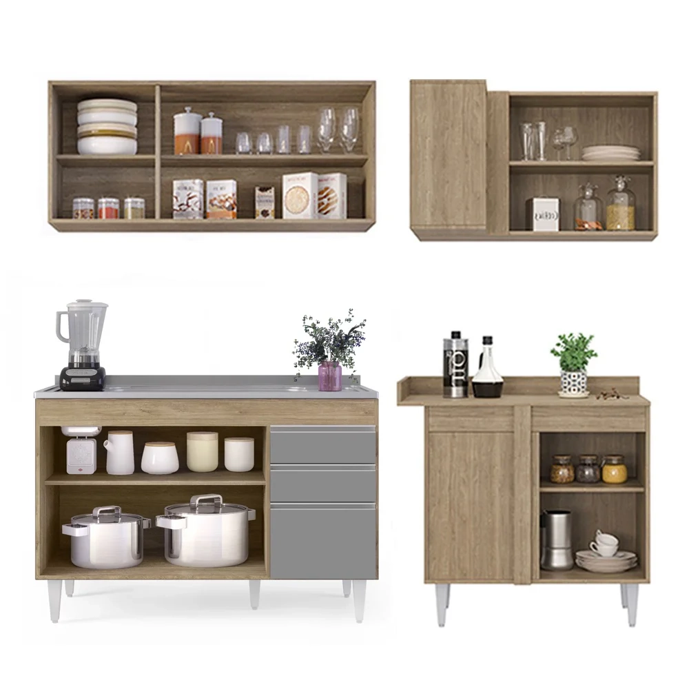 Armário de Cozinha Modulado de Canto Esquerdo 4 Peças CP48 com Pia Inox Castanho/Cinza - Lumil