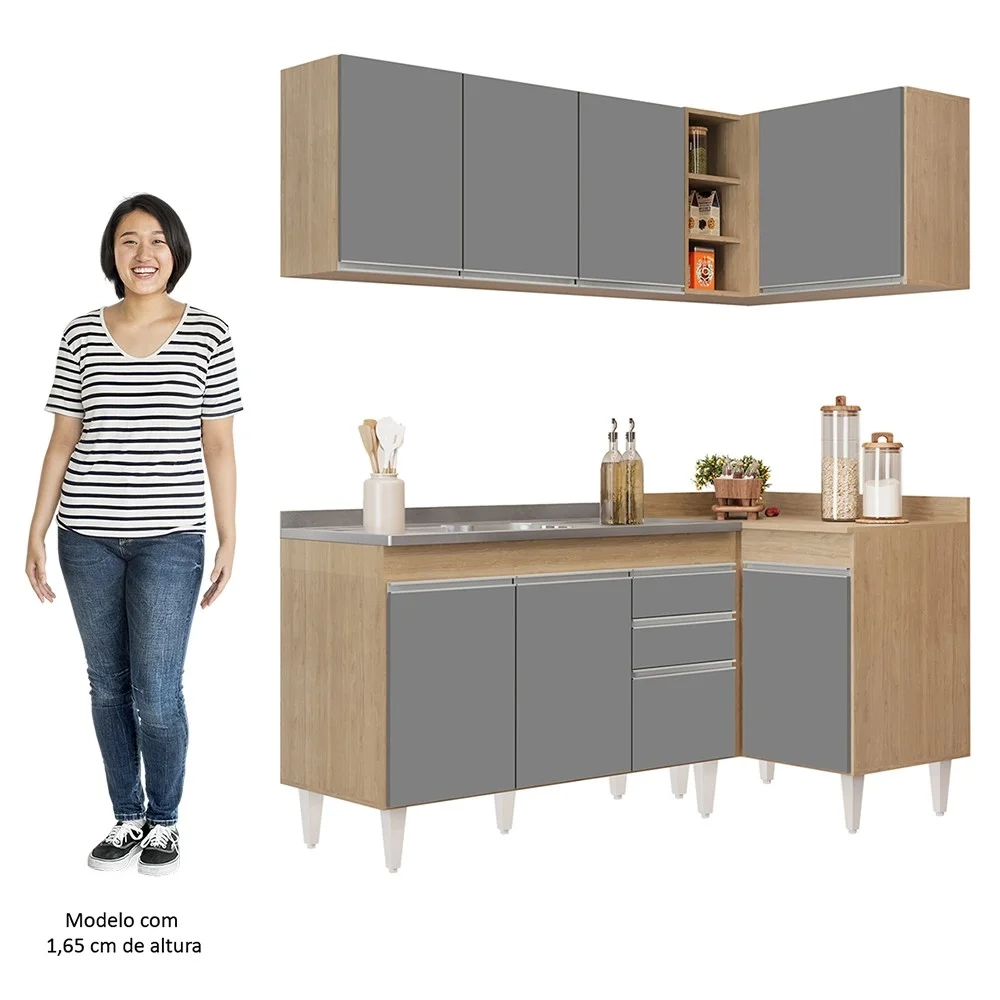 Armário de Cozinha Modulado de Canto Esquerdo 4 Peças CP48 com Pia Inox Castanho/Cinza - Lumil
