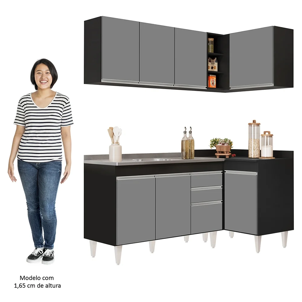 Armário de Cozinha Modulado de Canto Esquerdo 4 Peças CP48 com Pia Inox Preto/Cinza - Lumil