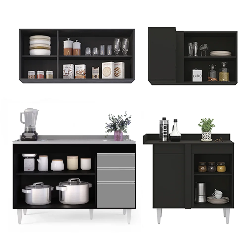 Armário de Cozinha Modulado de Canto Esquerdo 4 Peças CP48 com Pia Inox Preto/Cinza - Lumil