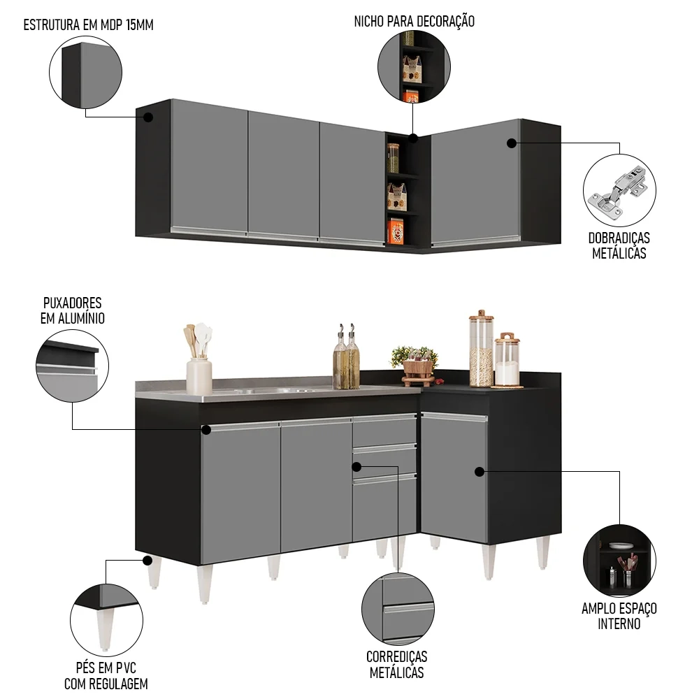 Armário de Cozinha Modulado de Canto Esquerdo 4 Peças CP48 com Pia Inox Preto/Cinza - Lumil