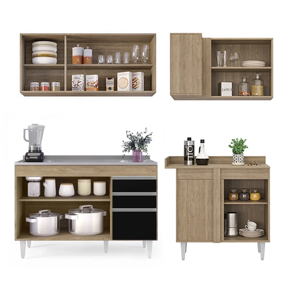 Armário de Cozinha Modulado de Canto Esquerdo 4 Peças CP48 com Pia Inox Castanho/Preto - Lumil