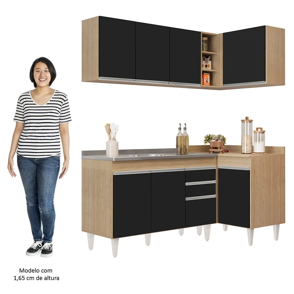 Armário de Cozinha Modulado de Canto Esquerdo 4 Peças CP48 com Pia Inox Castanho/Preto - Lumil