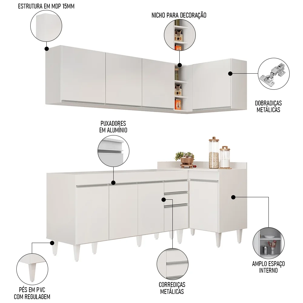 Armário de Cozinha Modulado de Canto Esquerdo 4 Peças CP49 Balcão sem Tampo Branco - Lumil