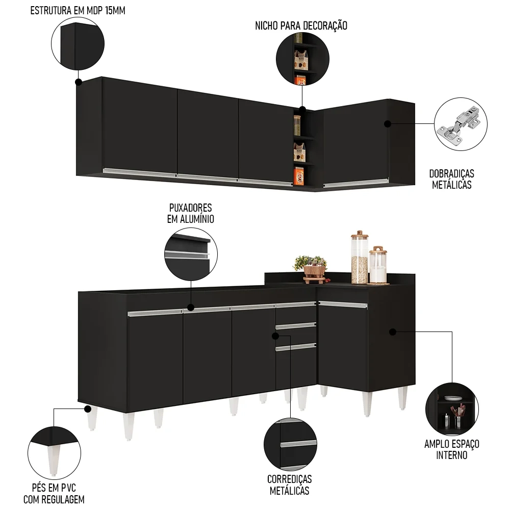 Armário de Cozinha Modulado de Canto Esquerdo 4 Peças CP49 Balcão sem Tampo Preto - Lumil