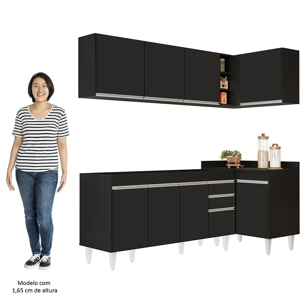 Armário de Cozinha Modulado de Canto Esquerdo 4 Peças CP49 Balcão sem Tampo Preto - Lumil
