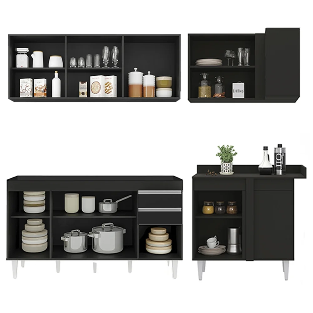 Armário de Cozinha Modulado de Canto Esquerdo 4 Peças CP49 Balcão sem Tampo Preto - Lumil