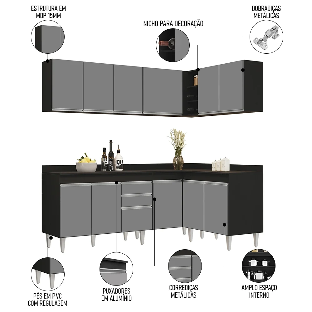 Armário de Cozinha Modulado de Canto 6 Peças CP29 Balcão com Tampo Preto/Cinza - Lumil