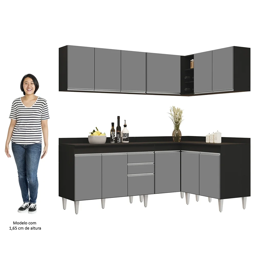 Armário de Cozinha Modulado de Canto 6 Peças CP29 Balcão com Tampo Preto/Cinza - Lumil