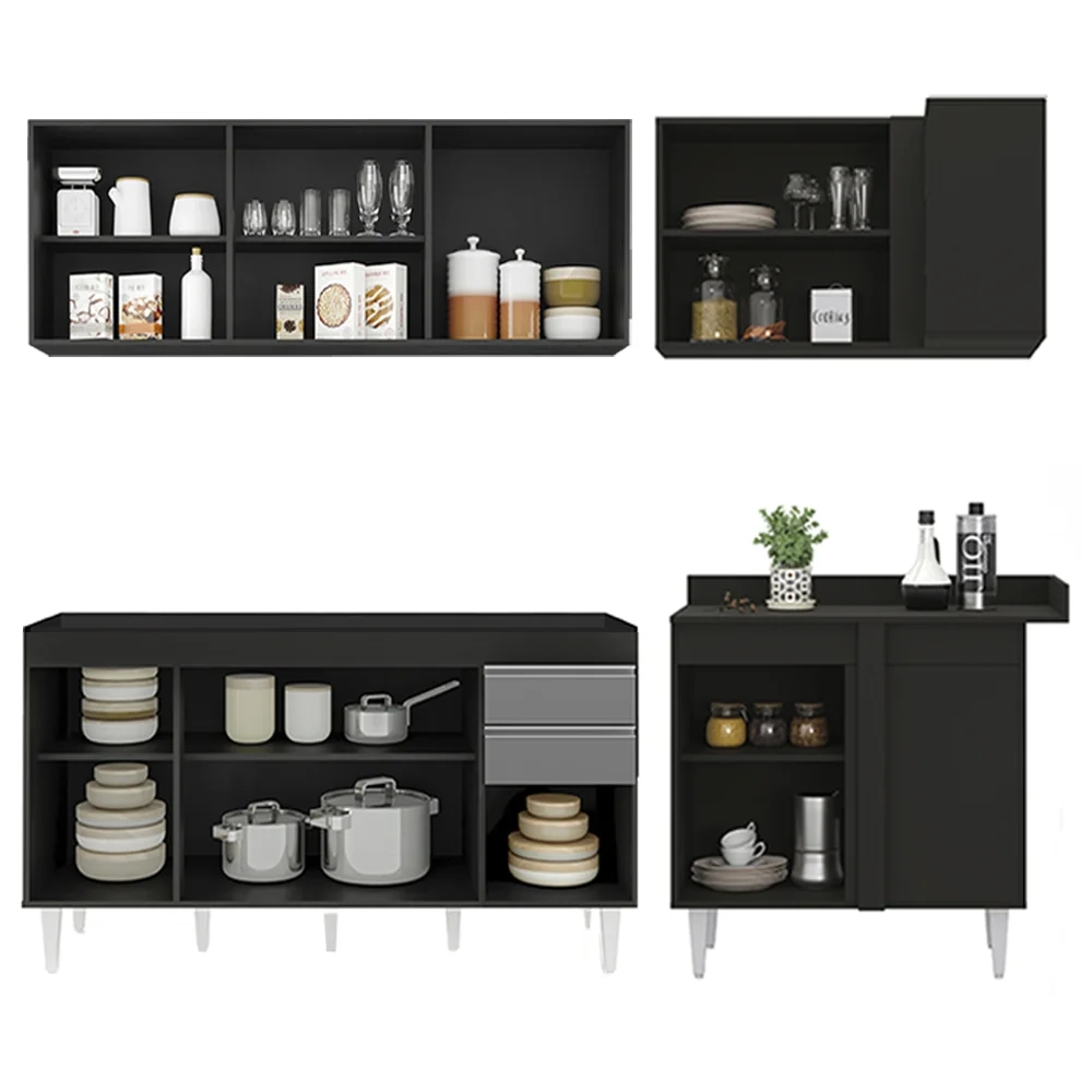 Armário de Cozinha Modulado de Canto Esquerdo 4 Peças CP49 Balcão sem Tampo Preto/Cinza - Lumil