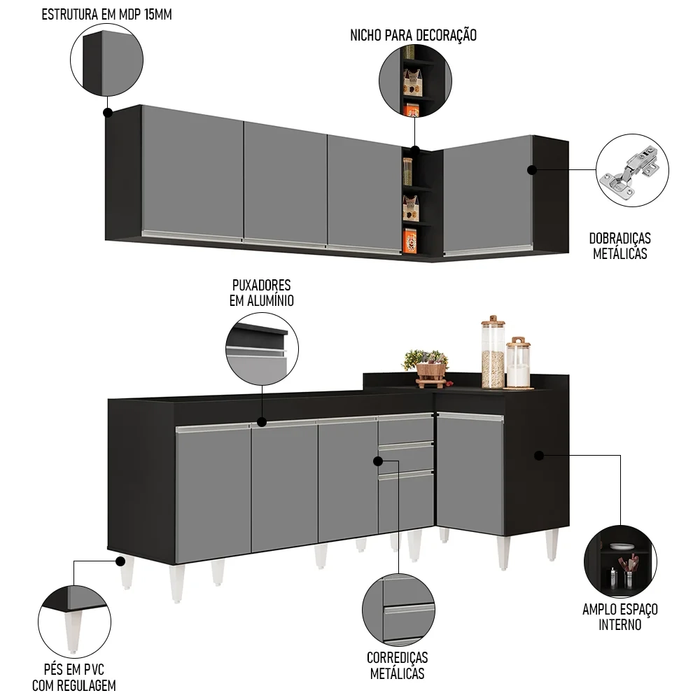 Armário de Cozinha Modulado de Canto Esquerdo 4 Peças CP49 Balcão sem Tampo Preto/Cinza - Lumil