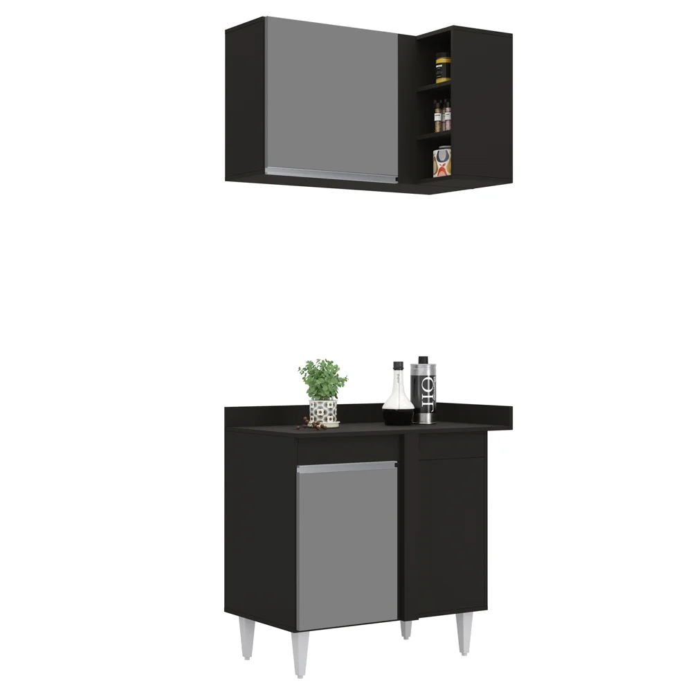 Armário de Cozinha Modulado de Canto Esquerdo 4 Peças CP49 Balcão sem Tampo Preto/Cinza - Lumil