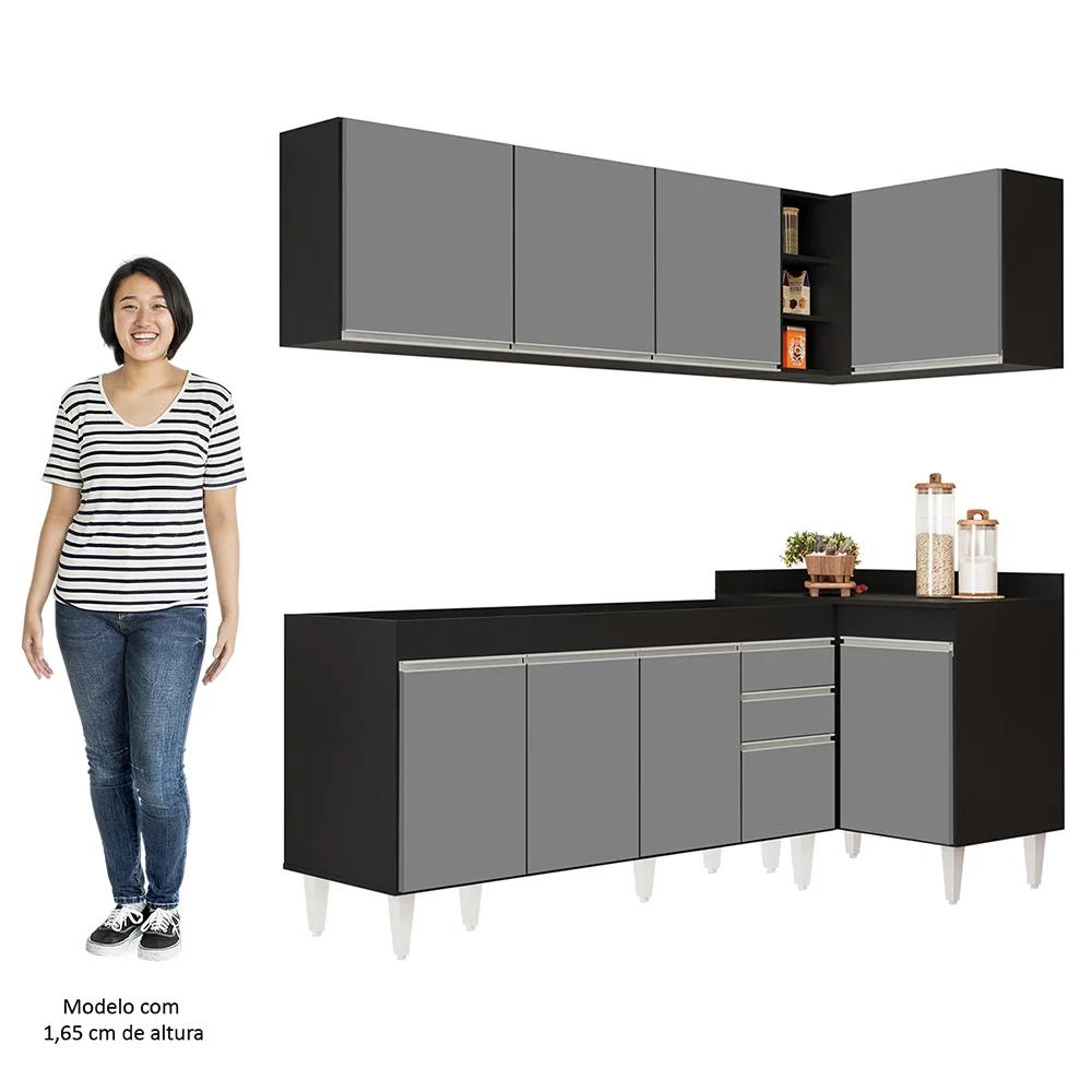 Armário de Cozinha Modulado de Canto Esquerdo 4 Peças CP49 Balcão sem Tampo Preto/Cinza - Lumil