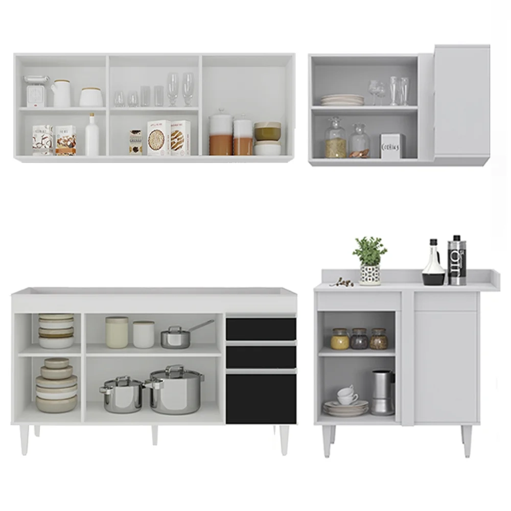 Armário de Cozinha Modulado de Canto Esquerdo 4 Peças CP49 Balcão sem Tampo Branco/Preto - Lumil