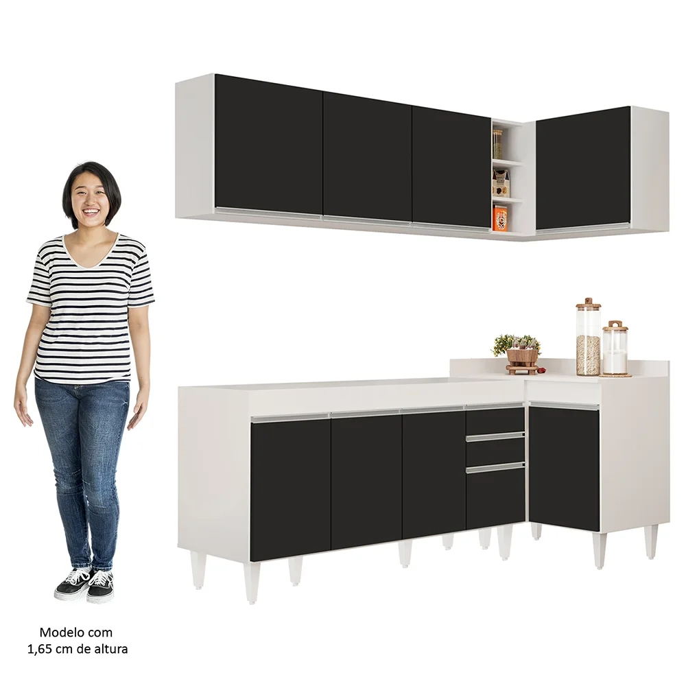 Armário de Cozinha Modulado de Canto Esquerdo 4 Peças CP49 Balcão sem Tampo Branco/Preto - Lumil