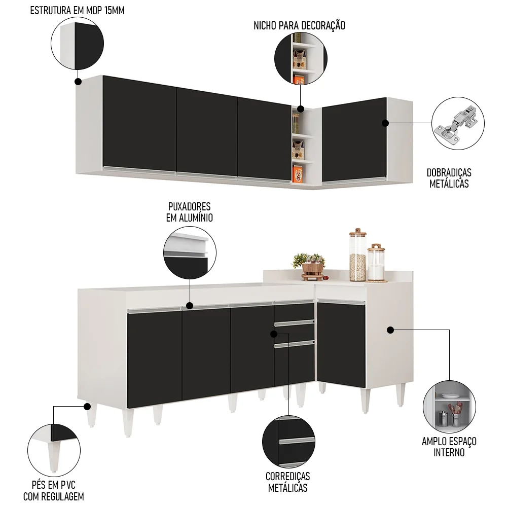 Armário de Cozinha Modulado de Canto Esquerdo 4 Peças CP49 Balcão sem Tampo Branco/Preto - Lumil