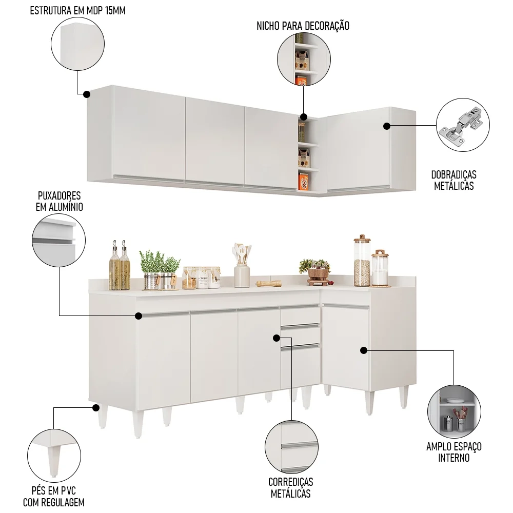 Armário de Cozinha Modulado de Canto Esquerdo 4 Peças CP50 Balcão com Tampo Branco - Lumil