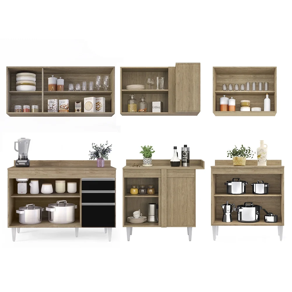 Armário de Cozinha Modulado de Canto 6 Peças CP29 Balcão com Tampo Castanho/Preto - Lumil