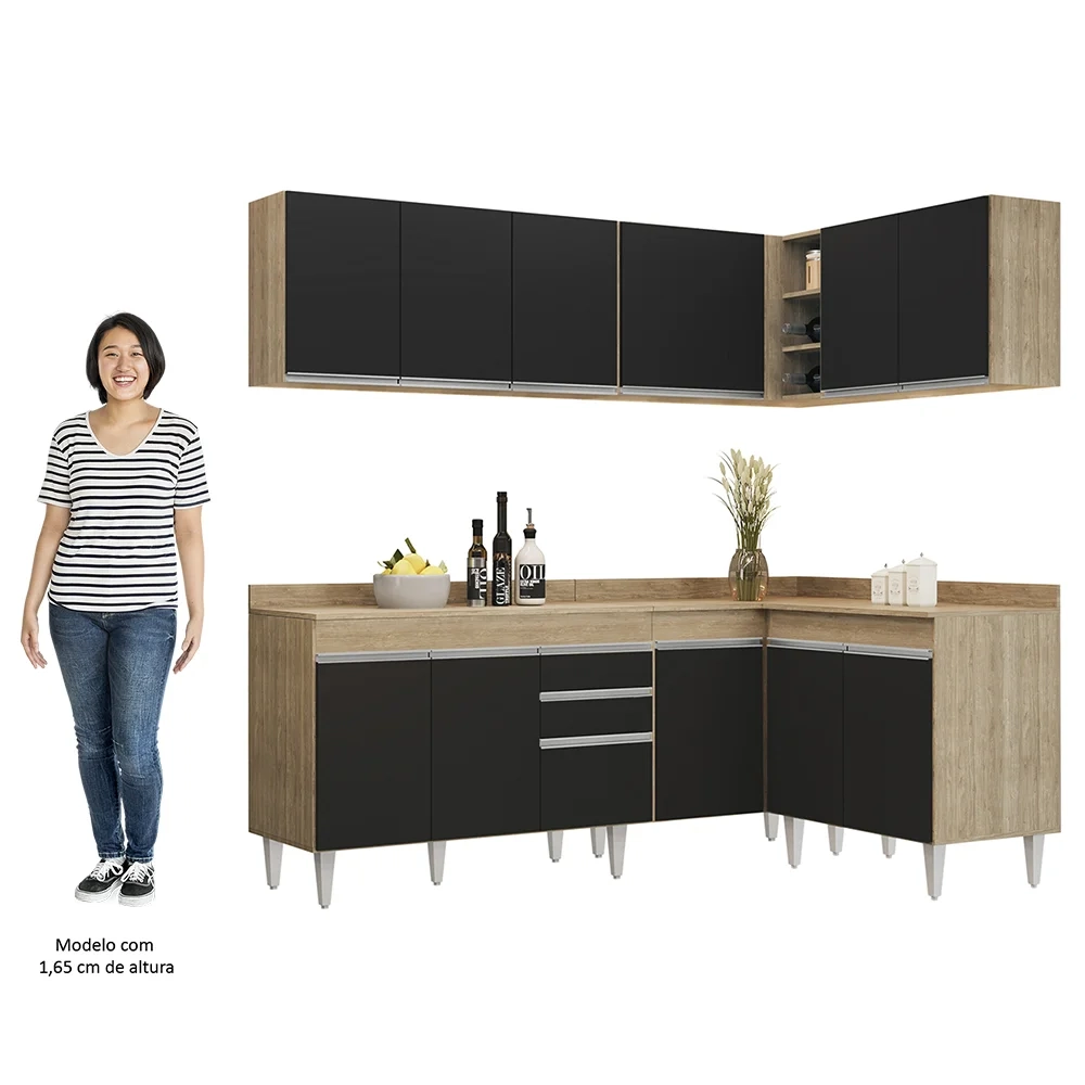 Armário de Cozinha Modulado de Canto 6 Peças CP29 Balcão com Tampo Castanho/Preto - Lumil