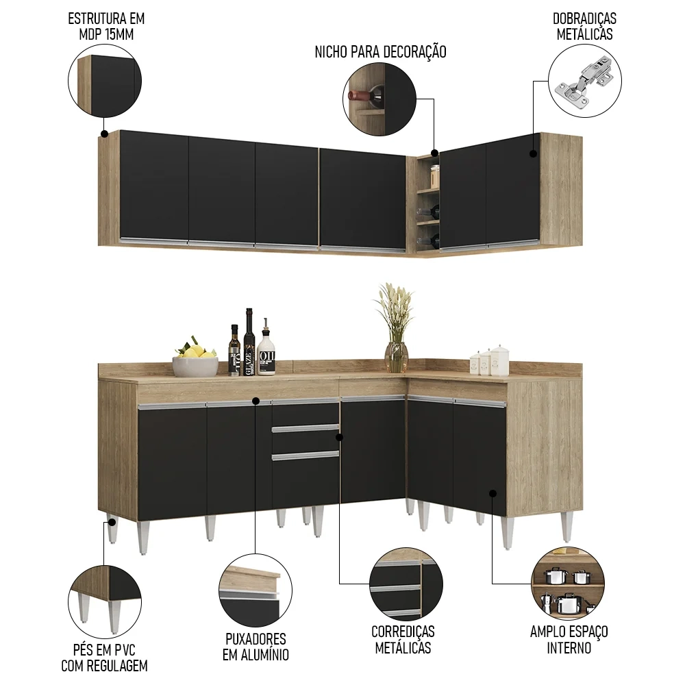Armário de Cozinha Modulado de Canto 6 Peças CP29 Balcão com Tampo Castanho/Preto - Lumil