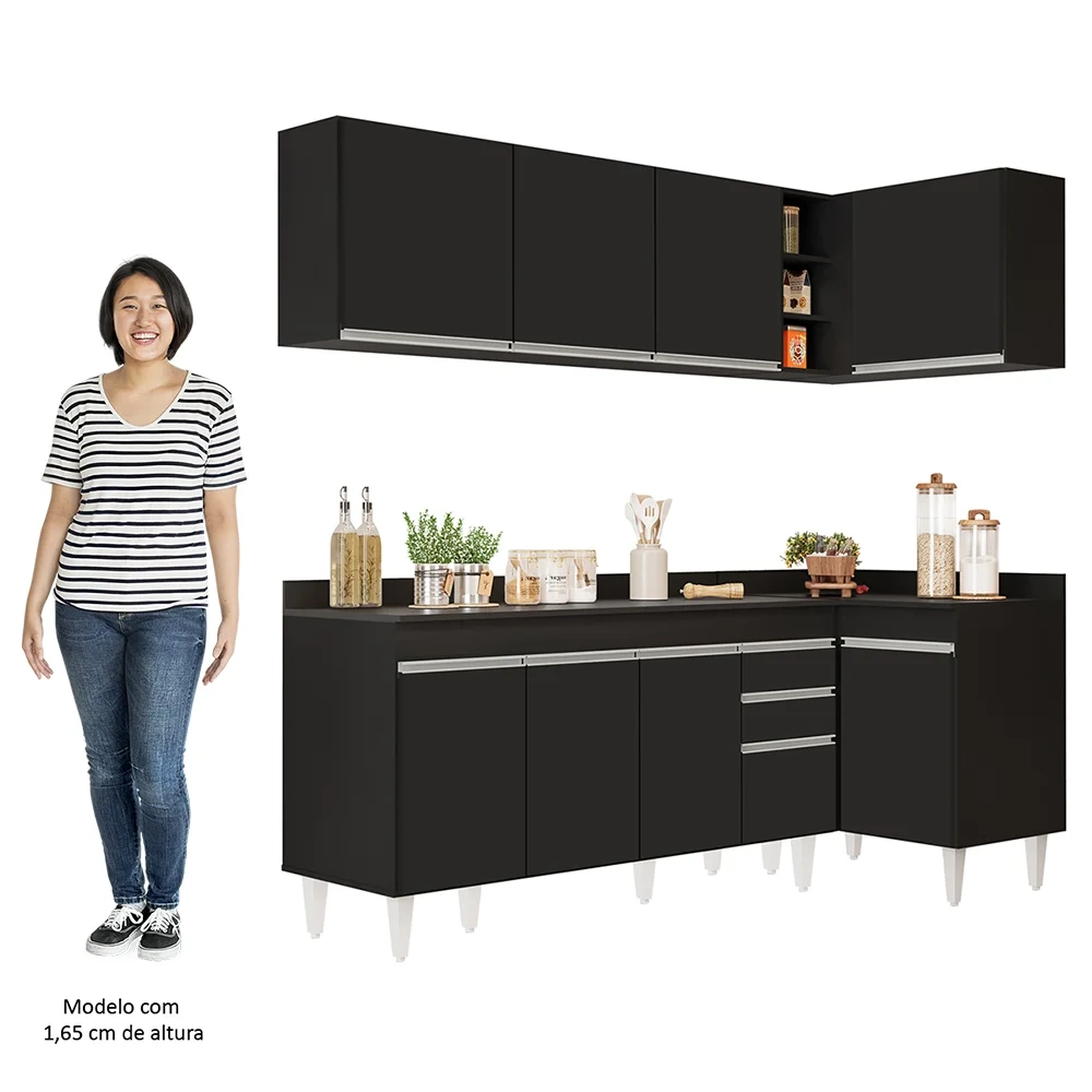 Armário de Cozinha Modulado de Canto Esquerdo 4 Peças CP50 Balcão com Tampo Preto - Lumil