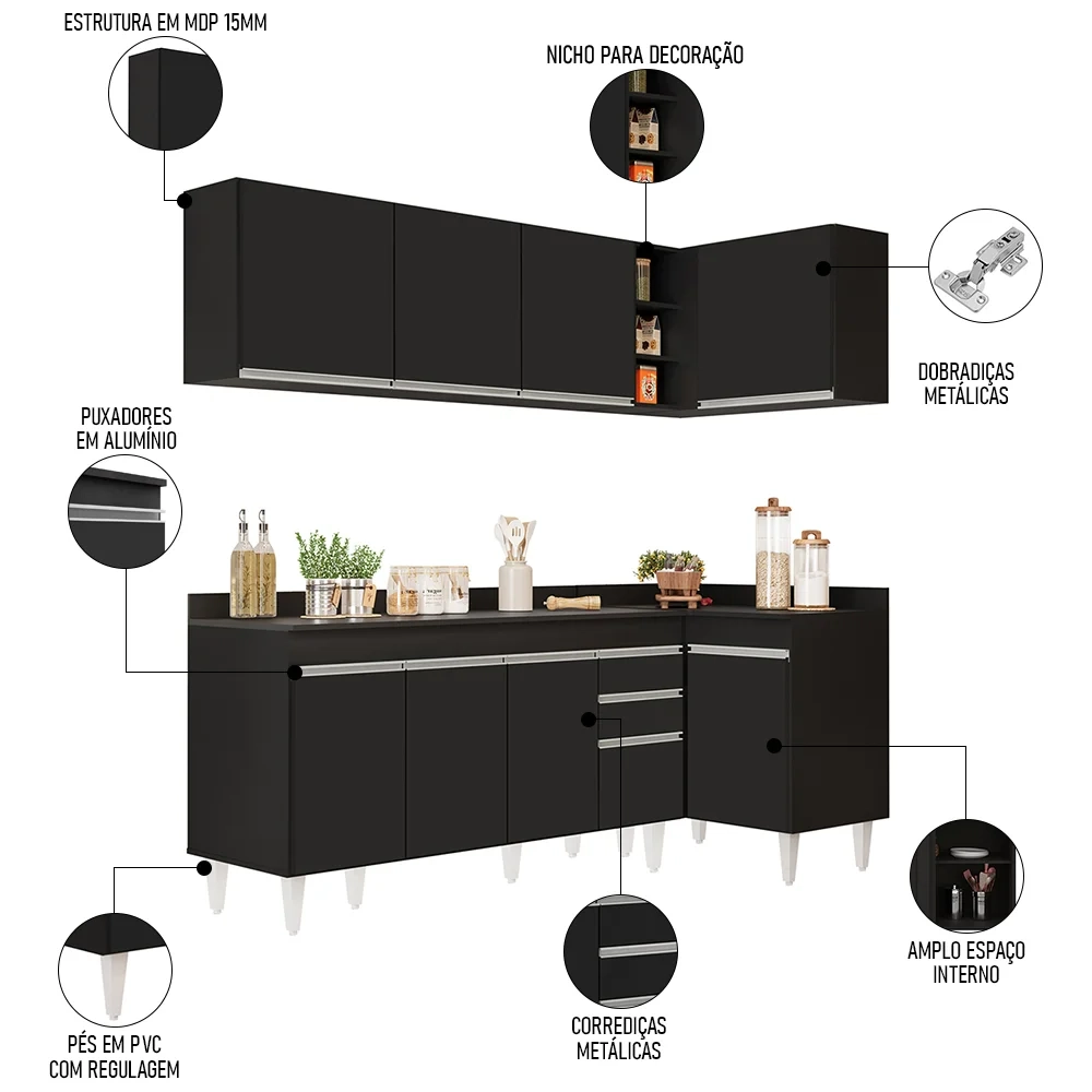 Armário de Cozinha Modulado de Canto Esquerdo 4 Peças CP50 Balcão com Tampo Preto - Lumil