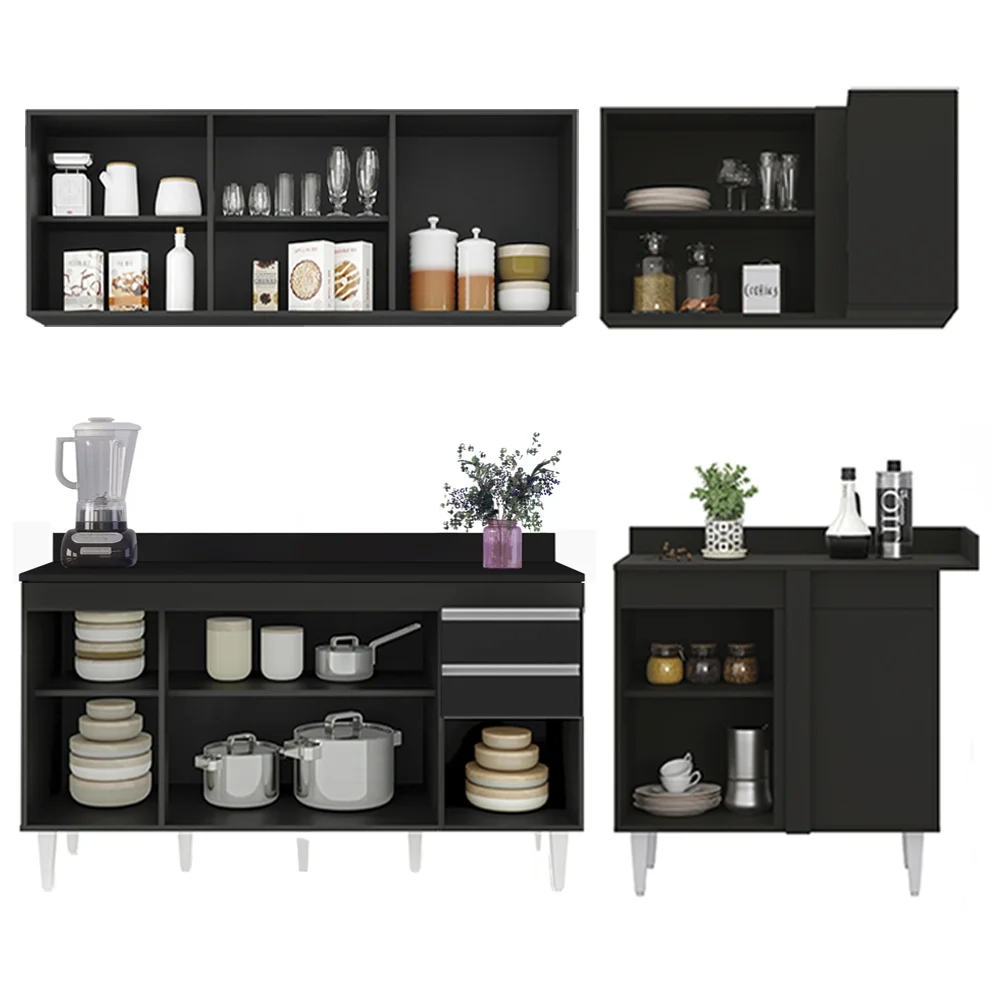 Armário de Cozinha Modulado de Canto Esquerdo 4 Peças CP50 Balcão com Tampo Preto - Lumil