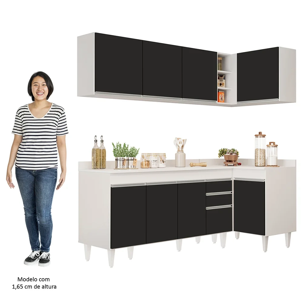 Armário de Cozinha Modulado de Canto Esquerdo 4 Peças CP50 Balcão com Tampo Branco/Preto - Lumil