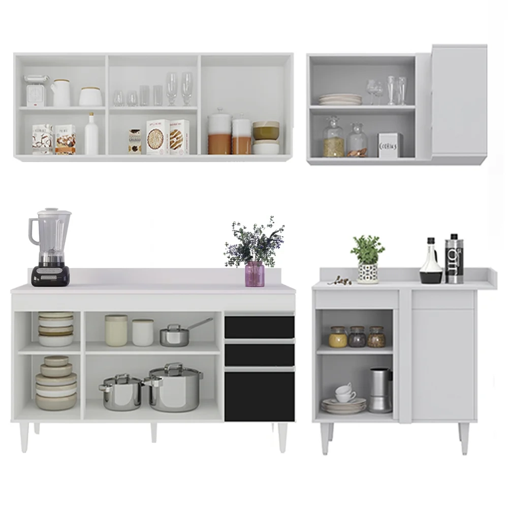Armário de Cozinha Modulado de Canto Esquerdo 4 Peças CP50 Balcão com Tampo Branco/Preto - Lumil