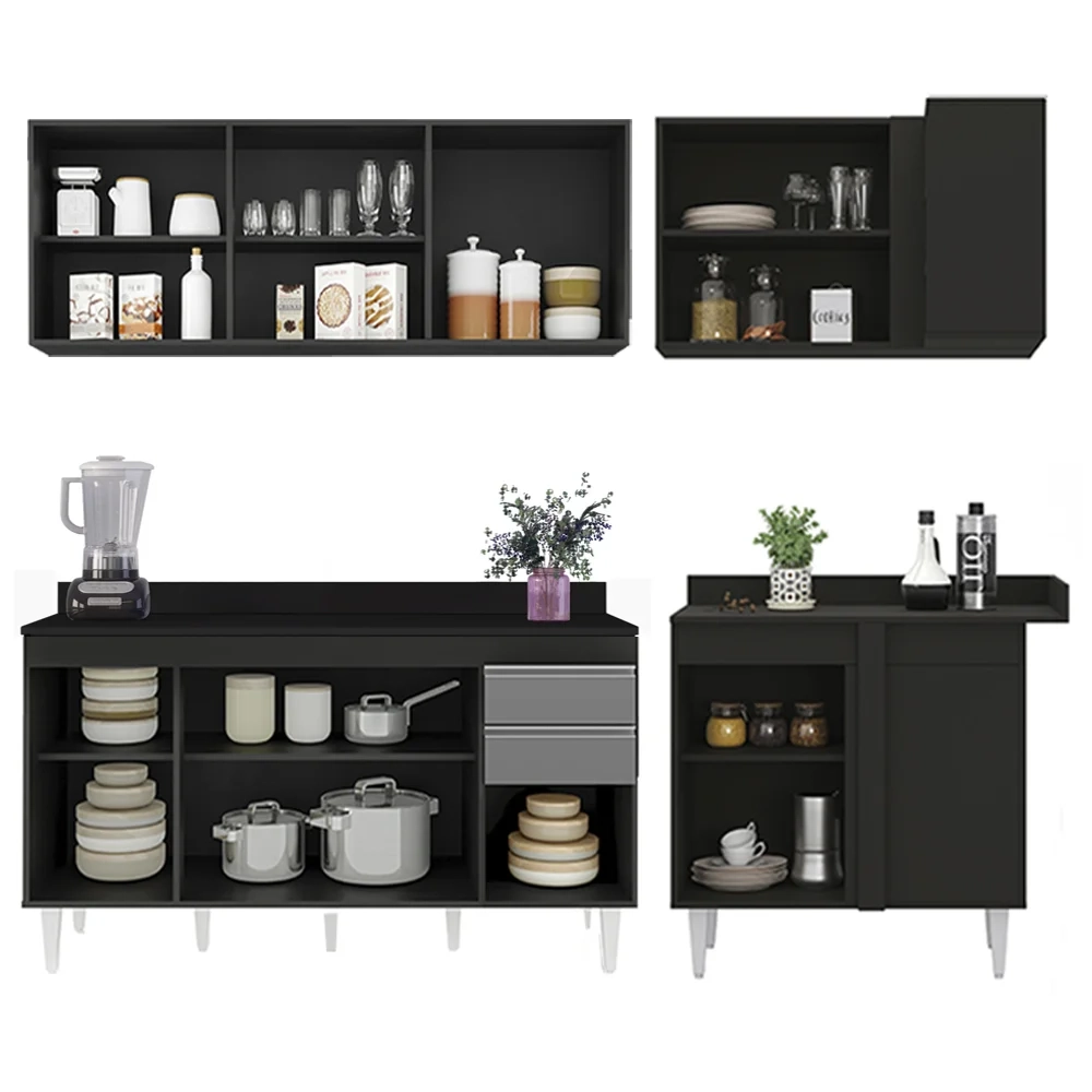 Armário de Cozinha Modulado de Canto Esquerdo 4 Peças CP50 Balcão com Tampo Preto/Cinza - Lumil