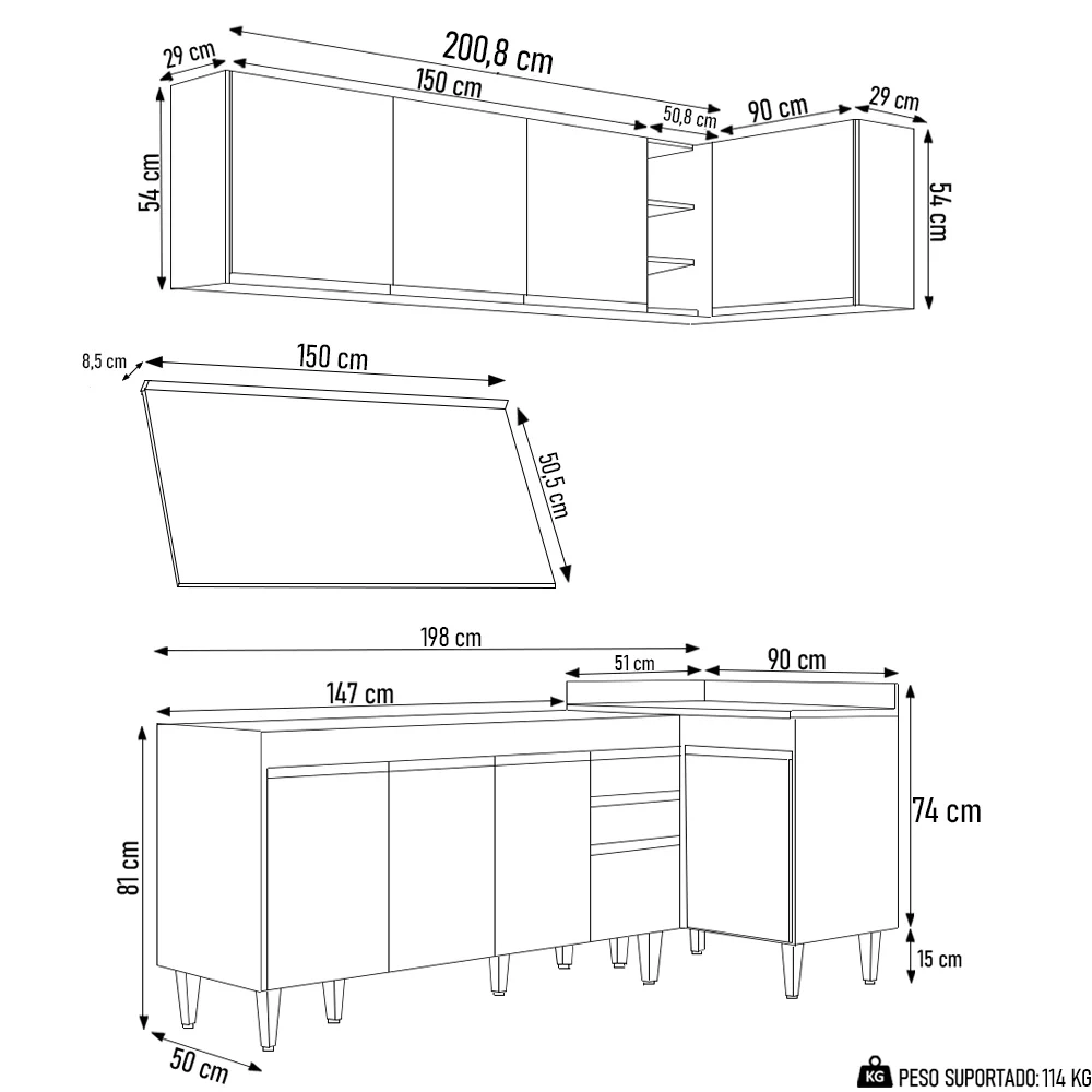 Armário de Cozinha Modulado de Canto Esquerdo 4 Peças CP50 Balcão com Tampo Preto/Cinza - Lumil