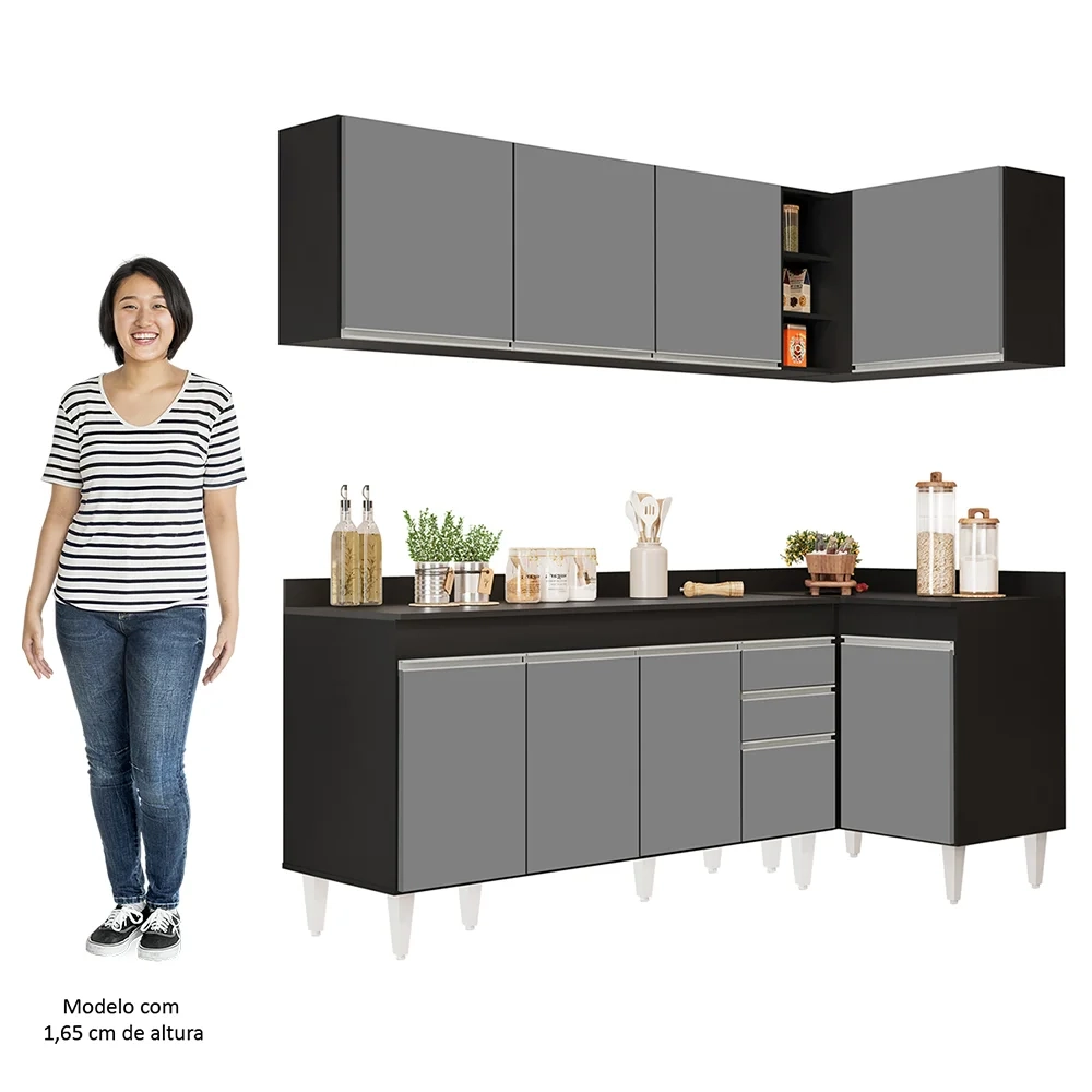 Armário de Cozinha Modulado de Canto Esquerdo 4 Peças CP50 Balcão com Tampo Preto/Cinza - Lumil