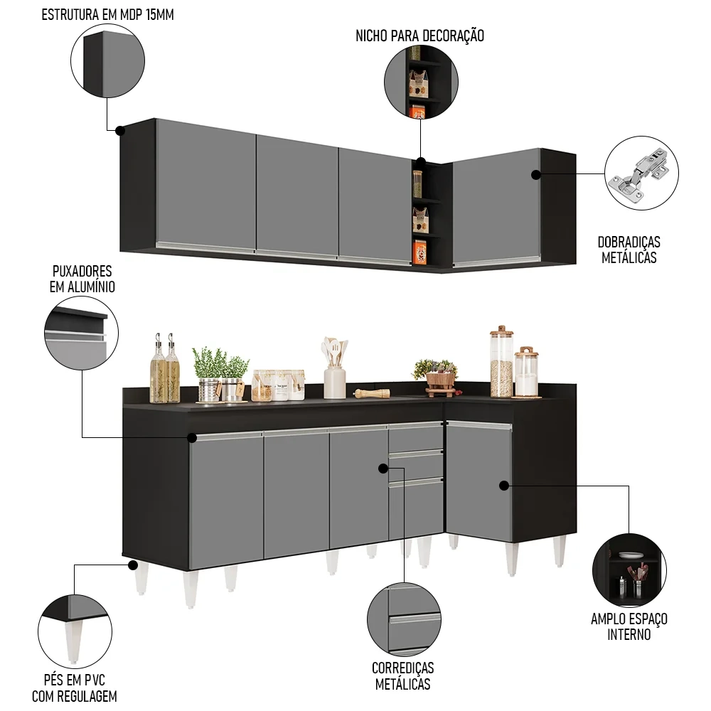 Armário de Cozinha Modulado de Canto Esquerdo 4 Peças CP50 Balcão com Tampo Preto/Cinza - Lumil