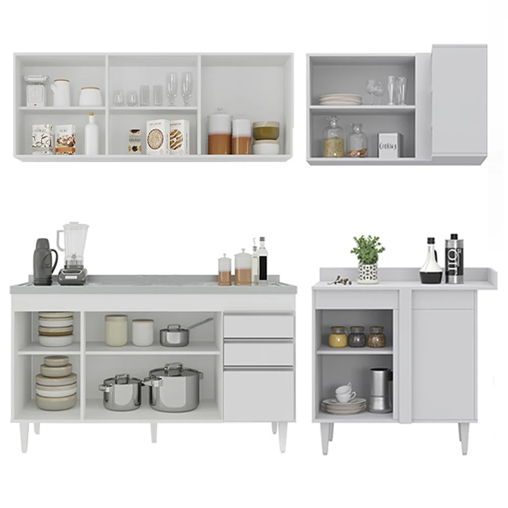 Armário de Cozinha Modulado de Canto Esquerdo 4 Peças CP51 com Pia Inox Branco - Lumil