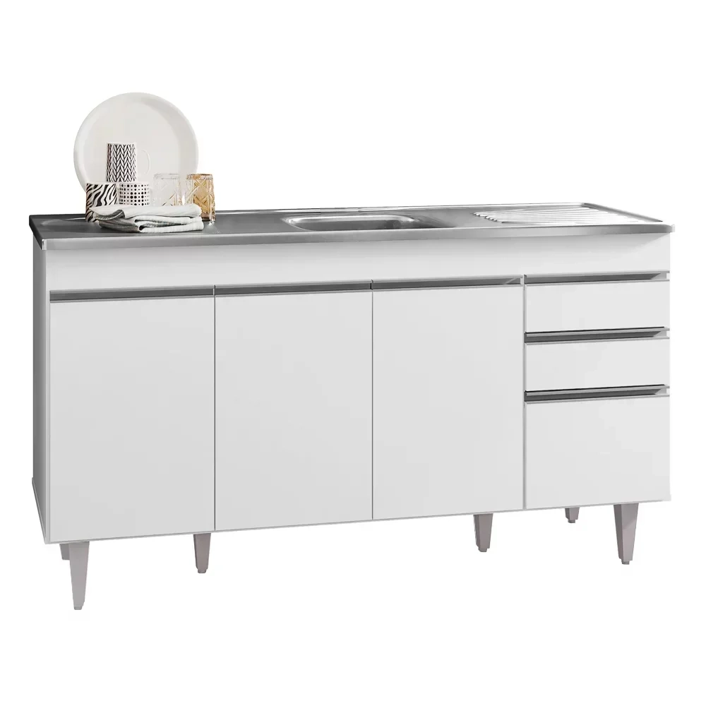 Armário de Cozinha Modulado de Canto Esquerdo 4 Peças CP51 com Pia Inox Branco - Lumil