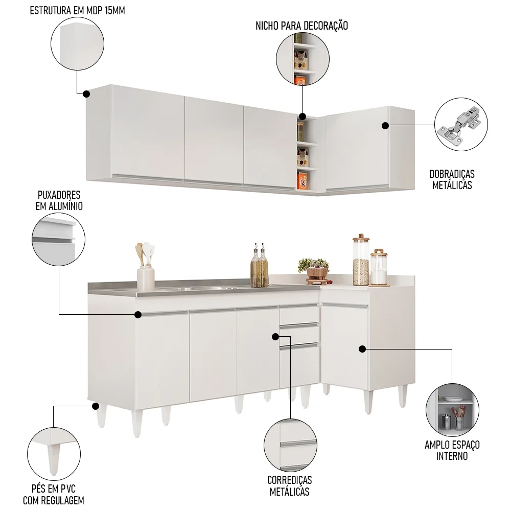 Armário de Cozinha Modulado de Canto Esquerdo 4 Peças CP51 com Pia Inox Branco - Lumil