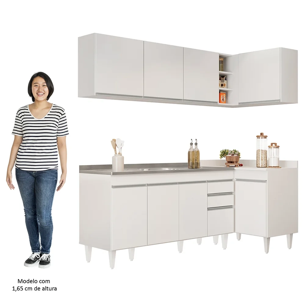 Armário de Cozinha Modulado de Canto Esquerdo 4 Peças CP51 com Pia Inox Branco - Lumil