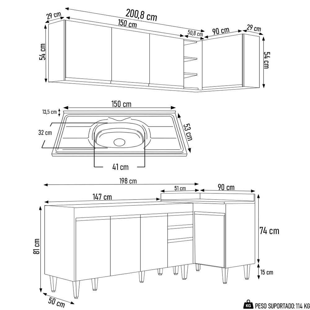 Armário de Cozinha Modulado de Canto Esquerdo 4 Peças CP51 com Pia Inox Preto - Lumil