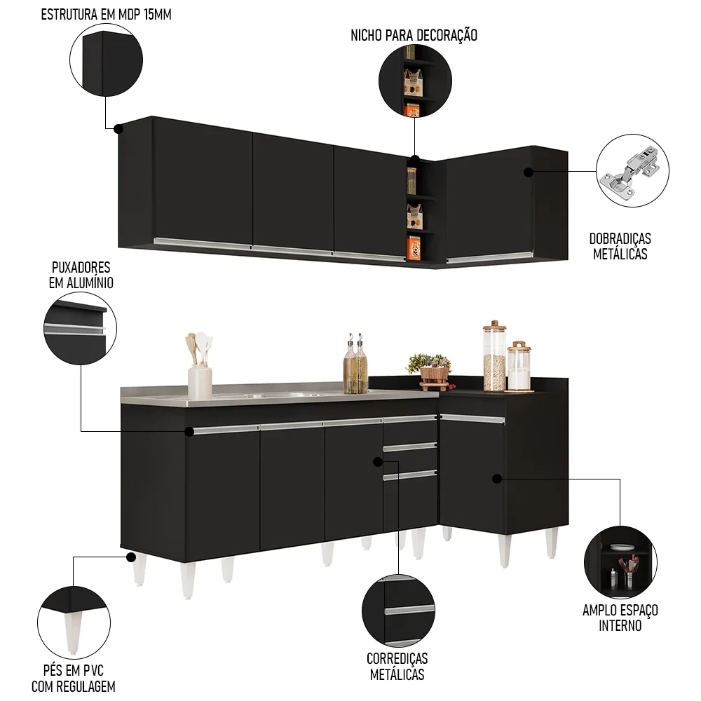 Armário de Cozinha Modulado de Canto Esquerdo 4 Peças CP51 com Pia Inox Preto - Lumil