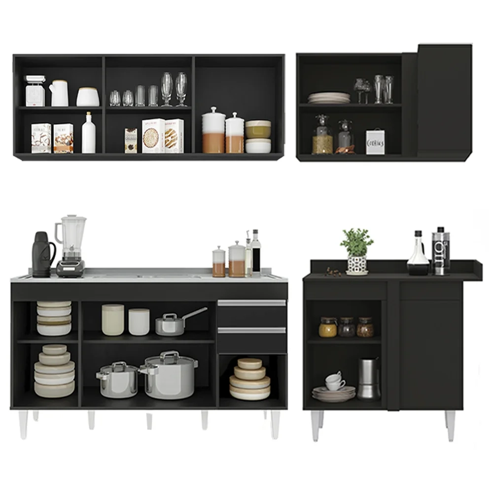 Armário de Cozinha Modulado de Canto Esquerdo 4 Peças CP51 com Pia Inox Preto - Lumil