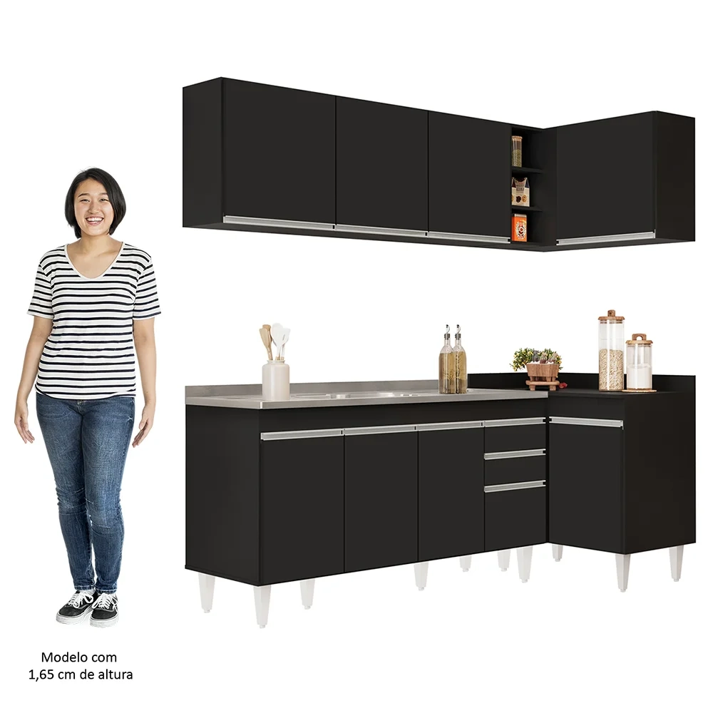 Armário de Cozinha Modulado de Canto Esquerdo 4 Peças CP51 com Pia Inox Preto - Lumil