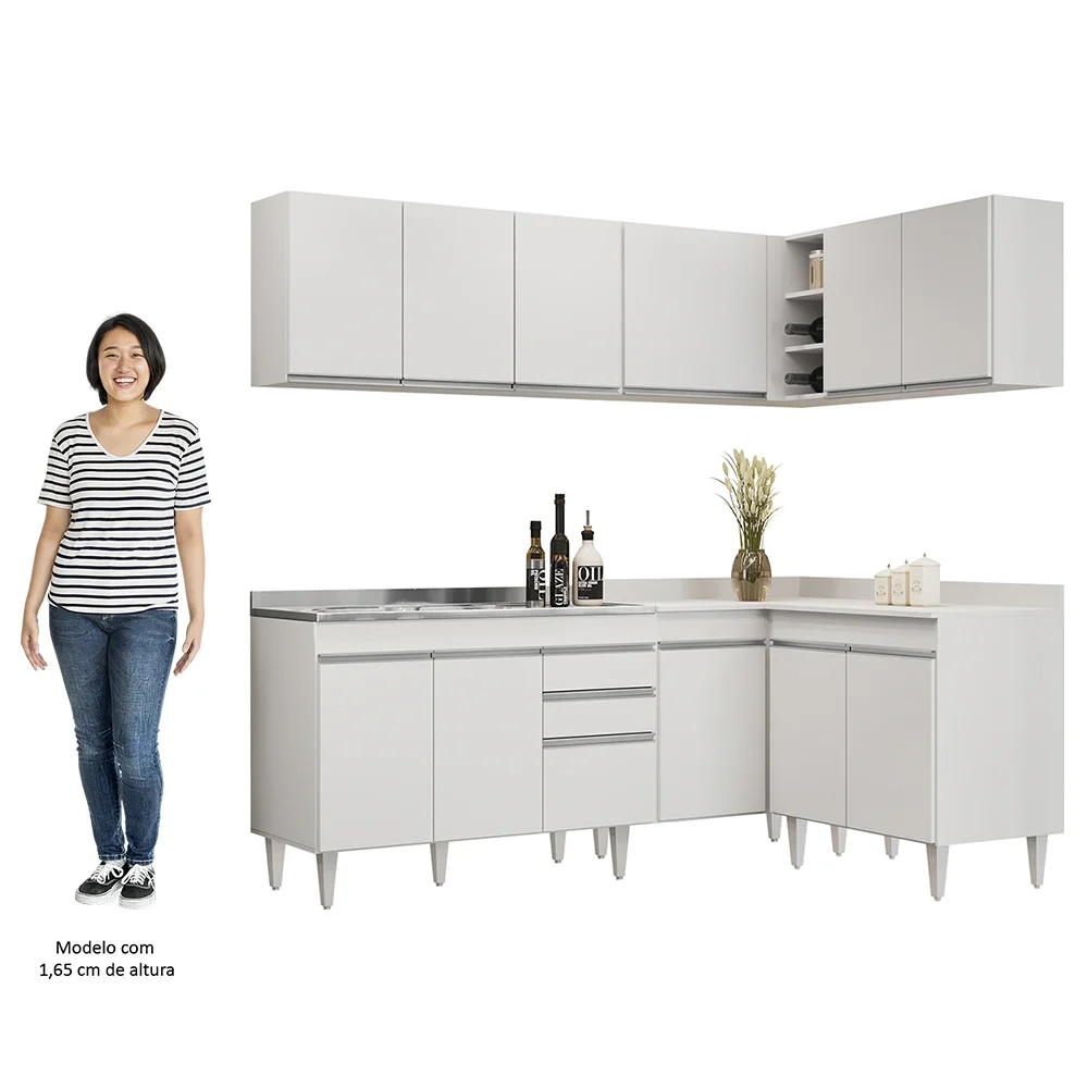 Armário de Cozinha Modulado de Canto 6 Peças CP30 com Pia Inox Branco - Lumil