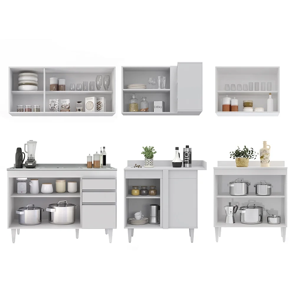 Armário de Cozinha Modulado de Canto 6 Peças CP30 com Pia Inox Branco - Lumil